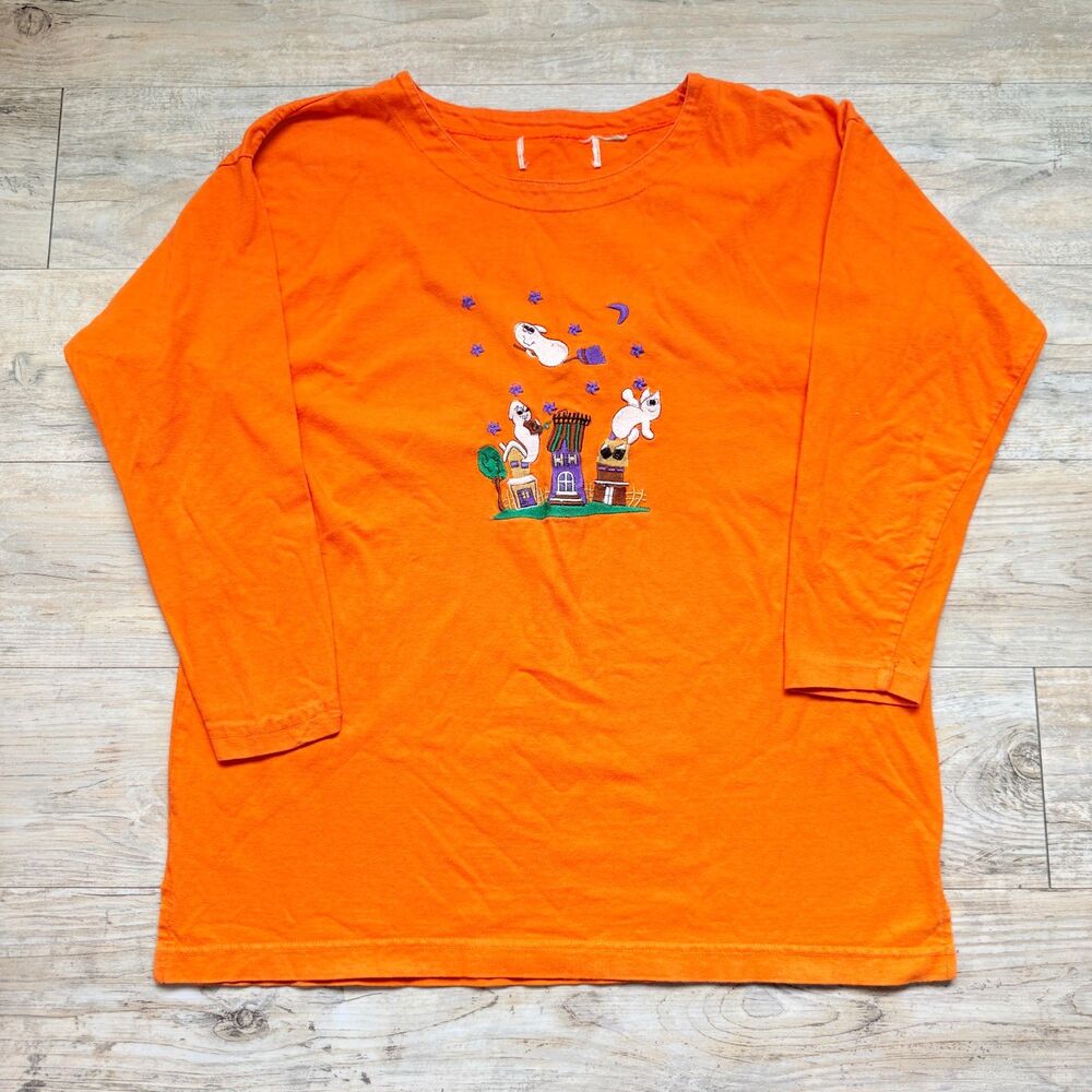 Vintage Halloween Ghost Long Sleeve Shirt Size Large Orange Embroidered Spooky